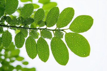 Close-up of green leaves with water droplets, blurred background of a tropical garden in the rainforest, macro photography.