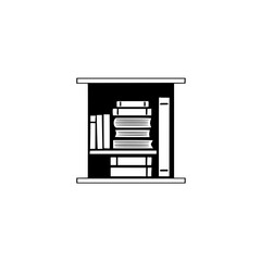 Minimalist image of a bookshelf with several stacked books of different sizes.