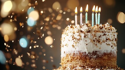 An elegant layered birthday cake with candles, surrounded by shimmering lights, radiating charm and sophistication, ideal for commemorating special events and cherished memories.