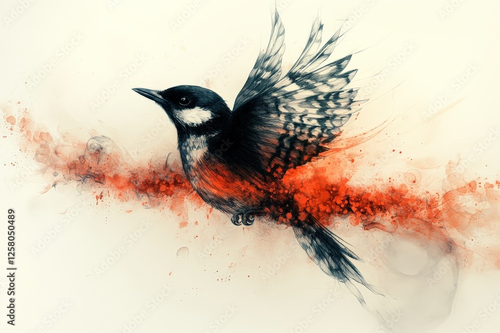 Poster colorful bird in flight showcasing dynamic brush strokes and abstract splashes of color