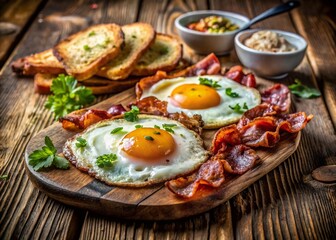 Delicious Fried Eggs and Crispy Bacon Breakfast on Rustic Wooden Table - Top View Stock Photo