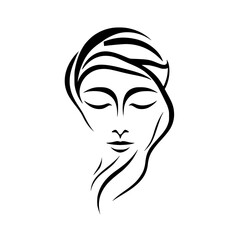 Minimalist depiction of a calm face, featuring closed eyes and flowing hair in a simplistic style, against a white background.