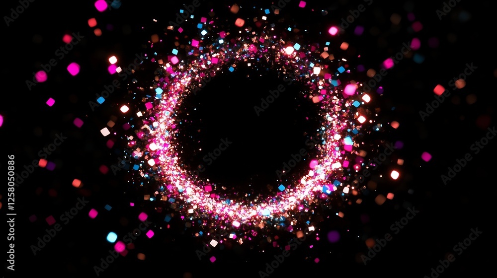 Poster multicolored glitter circle of sparkling light particles in a circle frame on a black background.