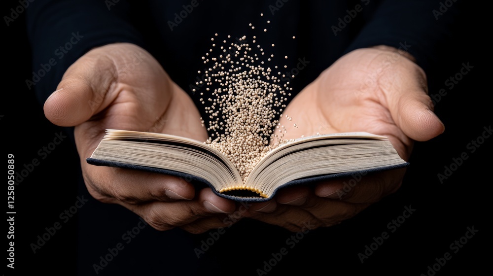 Poster hands holding open book with particles emerging from pages
