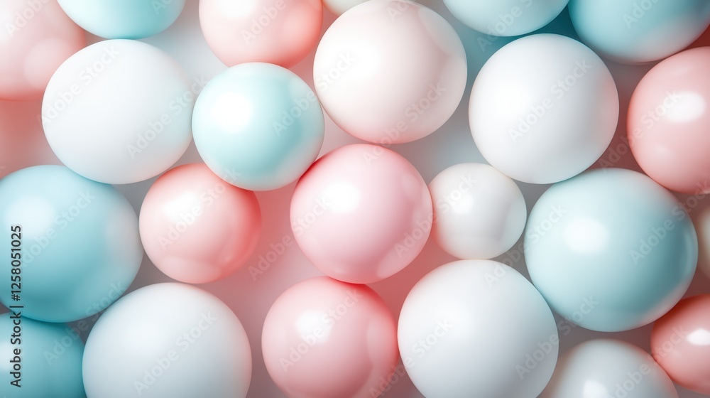 Poster this image showcases an array of pastel-colored spheres, blending shades of pink, blue, and white, c