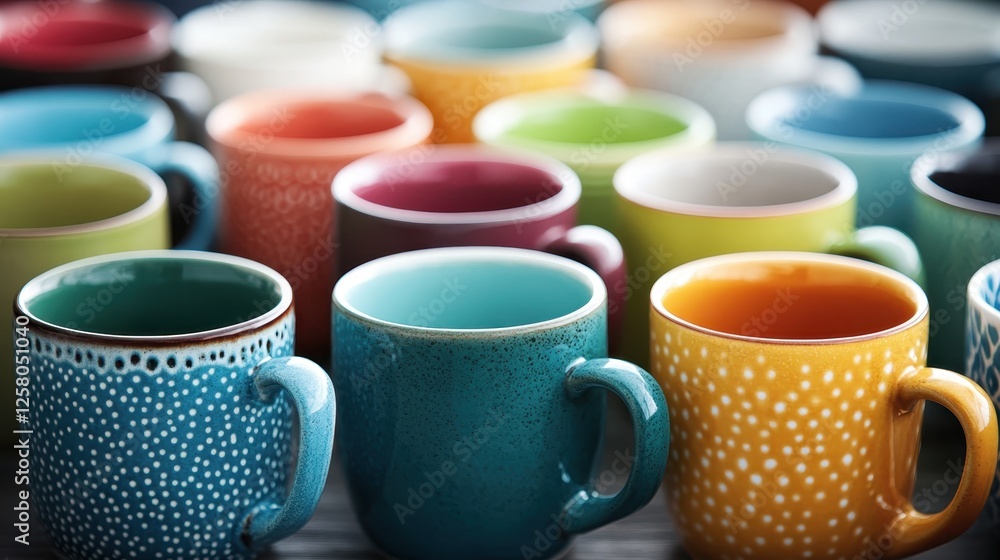 Poster this image showcases a diverse array of vibrant mugs lined up on a table, displaying an assortment o