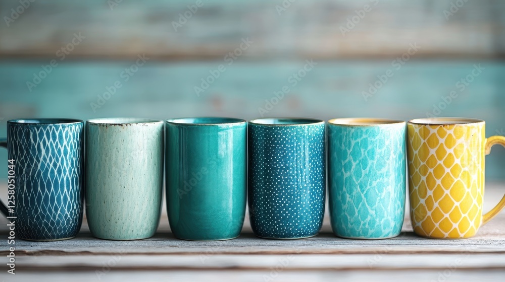 Poster this image features a stylish arrangement of colorful mugs displaying various patterns and textures,