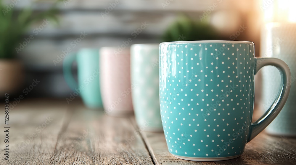 Poster this image captures a charming collection of colorful polka dot mugs set against a rustic backdrop, 