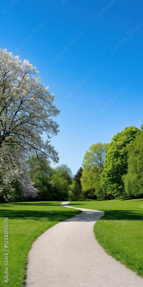 Aufkleber a path winds through a park with trees and a blue sky. the path is lined with trees and the sky is c