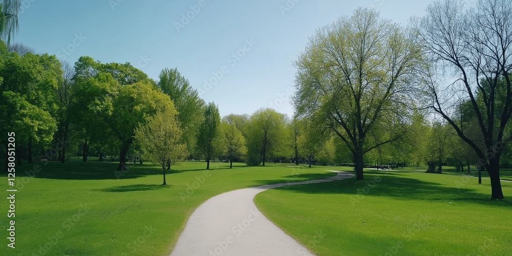 Aufkleber a park with a path through it and trees. the path is paved and the grass is green