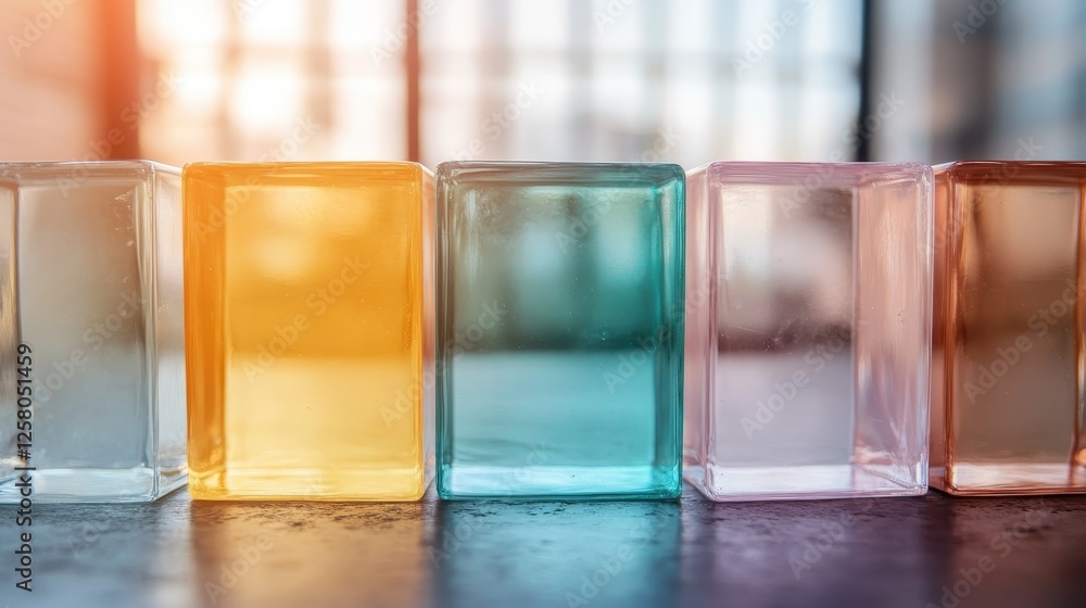 Poster an array of colorful translucent glass rectangles neatly arranged against a soft backdrop, showcasin