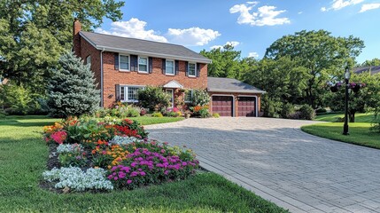 Obraz premium Brick suburban house with a landscaped garden and driveway on a sunny day 