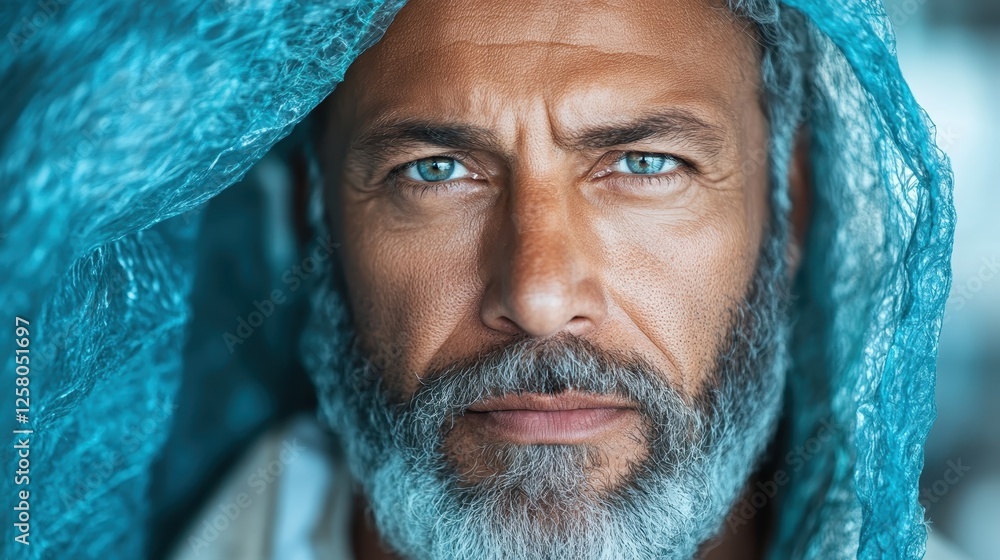 Poster An intense close-up of a middle-aged man wrapped in blue netting, creating a stark contrast between his strong facial features and the delicate texture of the netting around him.
