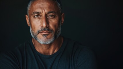 Fototapeta premium An artistic portrayal of a mature man with a serious expression, emphasizing his rugged appearance and charisma against a dark, moody background suitable for personal branding.