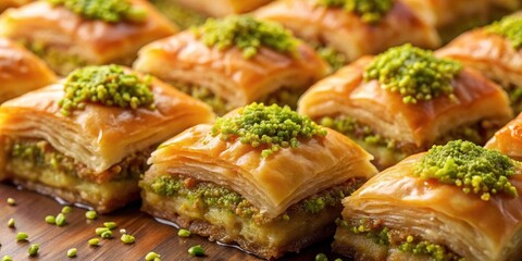 Close up of traditional Turkish baklava dessert with pistachio and walnut filling
