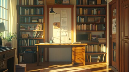Peaceful study area with natural light, a desk that avoids being directly in line with the door, and uncluttered shelves