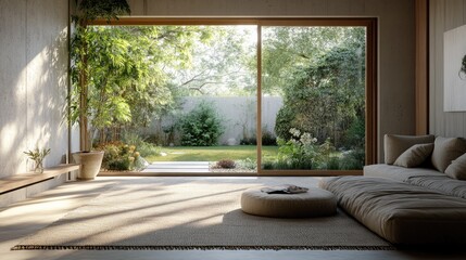 Peaceful Zen living room with a comfortable floor seating arrangement, sliding doors opening to a tranquil garden, and natural textures
