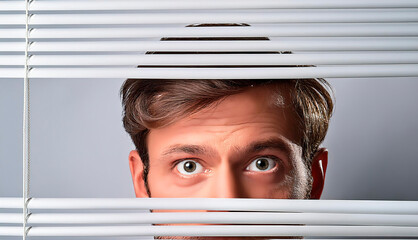 A person looking through the slats of a blind. A man peering through the window blind.