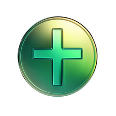 Fototapeta premium Shiny Green Cross Symbol on Golden Circular Button Digital Icon Religious Medical Plus Sign, Transparent Background, Ai Generative Images