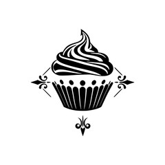 Stylized Cupcake: Elegant Black and White Illustration with Decorative Flourishes on White Background