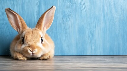 Obraz premium This cute rabbit rests against a blue backdrop, showcasing its floppy ears and curious expression, creating an endearing portrayal of tranquility and joy in nature.