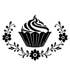Black-and-white vector image of a cupcake, centered, surrounded by a floral wreath, set against a white background.