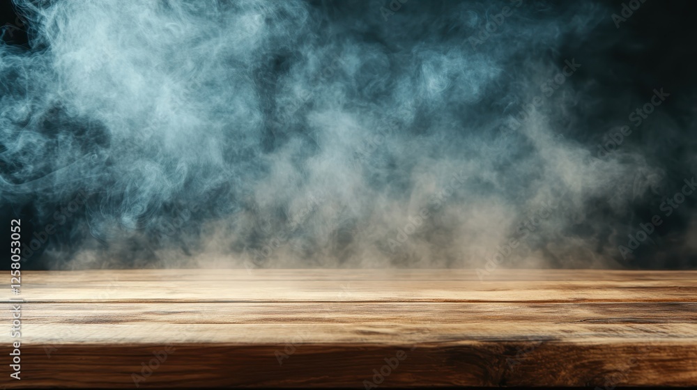 Poster this image features a captivating mist rising over a rustic wooden table, creating an ethereal atmos
