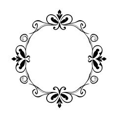 A hand-drawn, symmetrical, circle, graphic design of decorative frame in elegant, classical, ornate style.