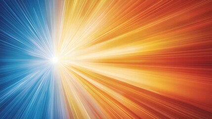 The image shows an abstract design of radiating lines of light, transitioning from cool blue on the left to warm orange and red on the right, converging at a bright white center.