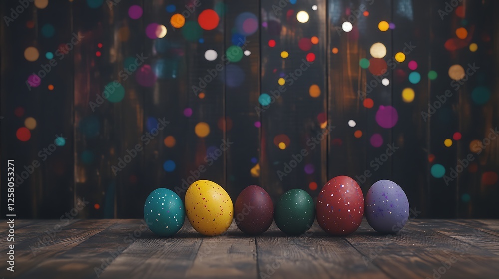 Aufkleber decorative easter eggs on a rustic wooden surface with abstract painted background display arrangeme