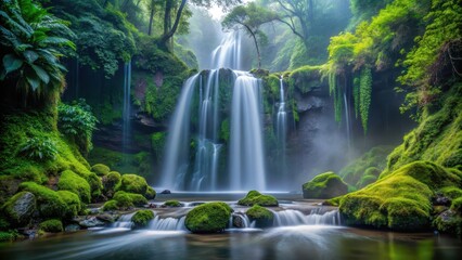Obraz premium Misty veil rises from the base of a towering waterfall cascading down moss-covered rocks into a tranquil pool amidst dense foliage