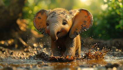Playful Baby Elephant Splashes In Mud Puddle