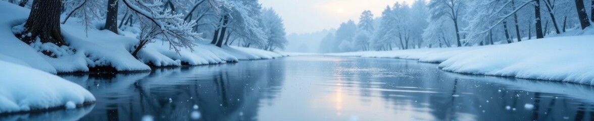 Snowflakes gently falling on the frozen riverbank, snowflakes, white