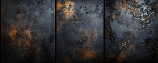 Dark Abstract Triptych with Smoky and Glowing Textures