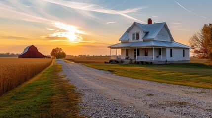 Idyllic white farmhouse with a gravel driveway and sunset sky in a rural landscape
