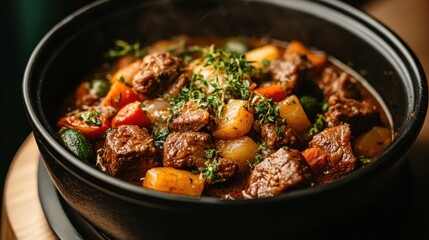 A rich and hearty beef stew featuring fresh vegetables, herbs, and vibrant colors, encapsulated in a steaming bowl that embodies comfort food at its best.