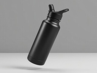 Fototapeta premium A sleek black water bottle against a minimalist gray background.