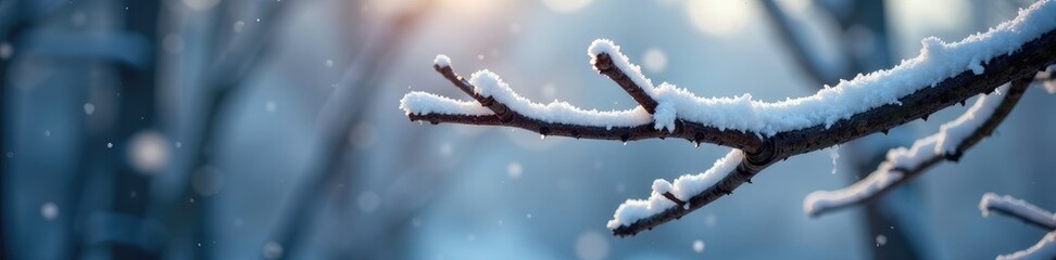 Obraz premium Snowflakes gently falling onto a bare tree branch, snowflakes, winter wonderland, delicate snowflakes