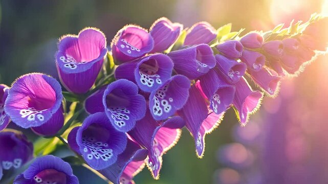 Close up of vibrant purple foxglove flowers, showcasing their bell-shaped blossoms in warm sunlight.  Detailed petals and subtle highlights