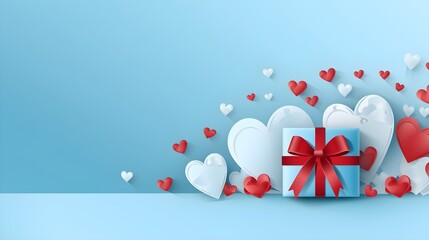 Romantic Valentine s Day Gift Box with Hearts Festive Blue Background Paper Art Style
