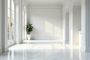 Fototapeta premium Elegant marble tile floor, pristine white walls , minimalist, pattern