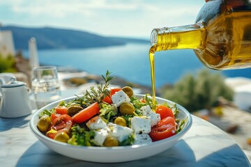 Naklejka premium Pouring olive oil on delicious greek salad with sea view in santorini, greece