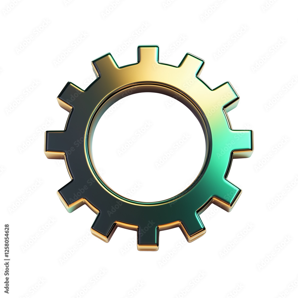 Poster iridescent metallic gear cog 3d render abstract industrial technology machine part engineering, tran