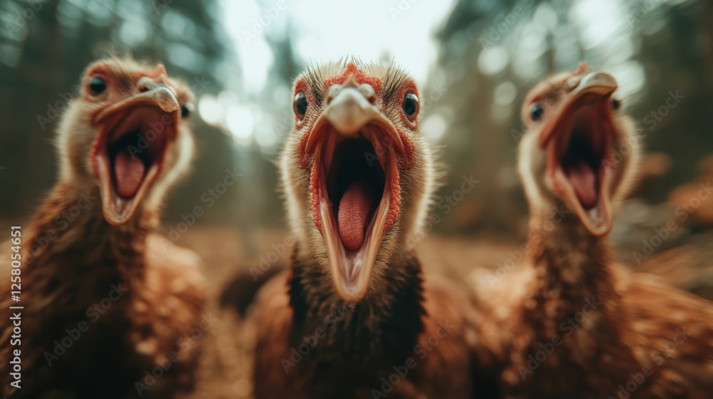 Aufkleber the image captures three birds in a natural setting with their beaks wide open, showcasing their uni