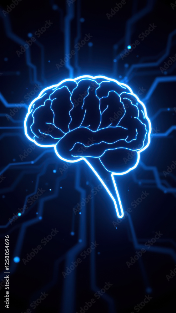 Aufkleber a glowing illustration of a human brain set against a network of digital blue lines and dots, symbol