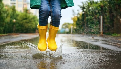 Feet of child in yellow rubber boots jumping over puddle in rain 