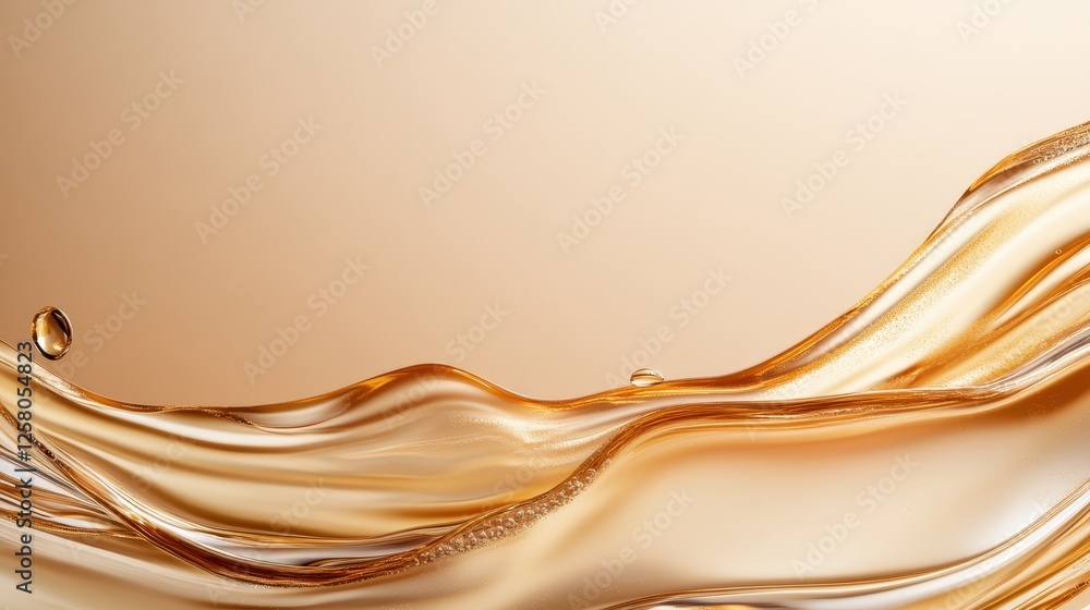 Poster an elegant flow of golden liquid waves depicted in smooth motion, reflecting light beautifully and c