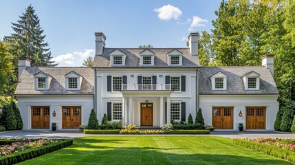 Fototapeta premium Elegant colonial-style house with a well-manicured lawn and three-car garage 