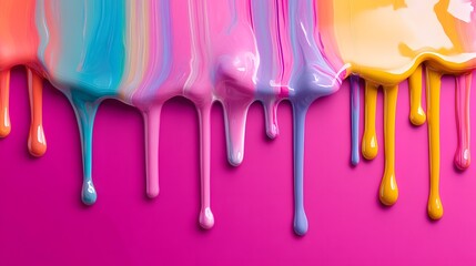 Naklejka premium Colorful Paint Drips on Vibrant Pink Background Abstract Art