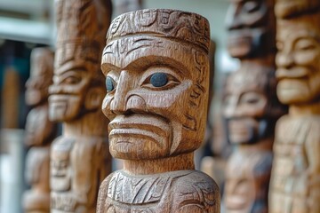 Wooden totem statues showcase intricate carvings at cultural center in vibrant atmosphere of local art and heritage